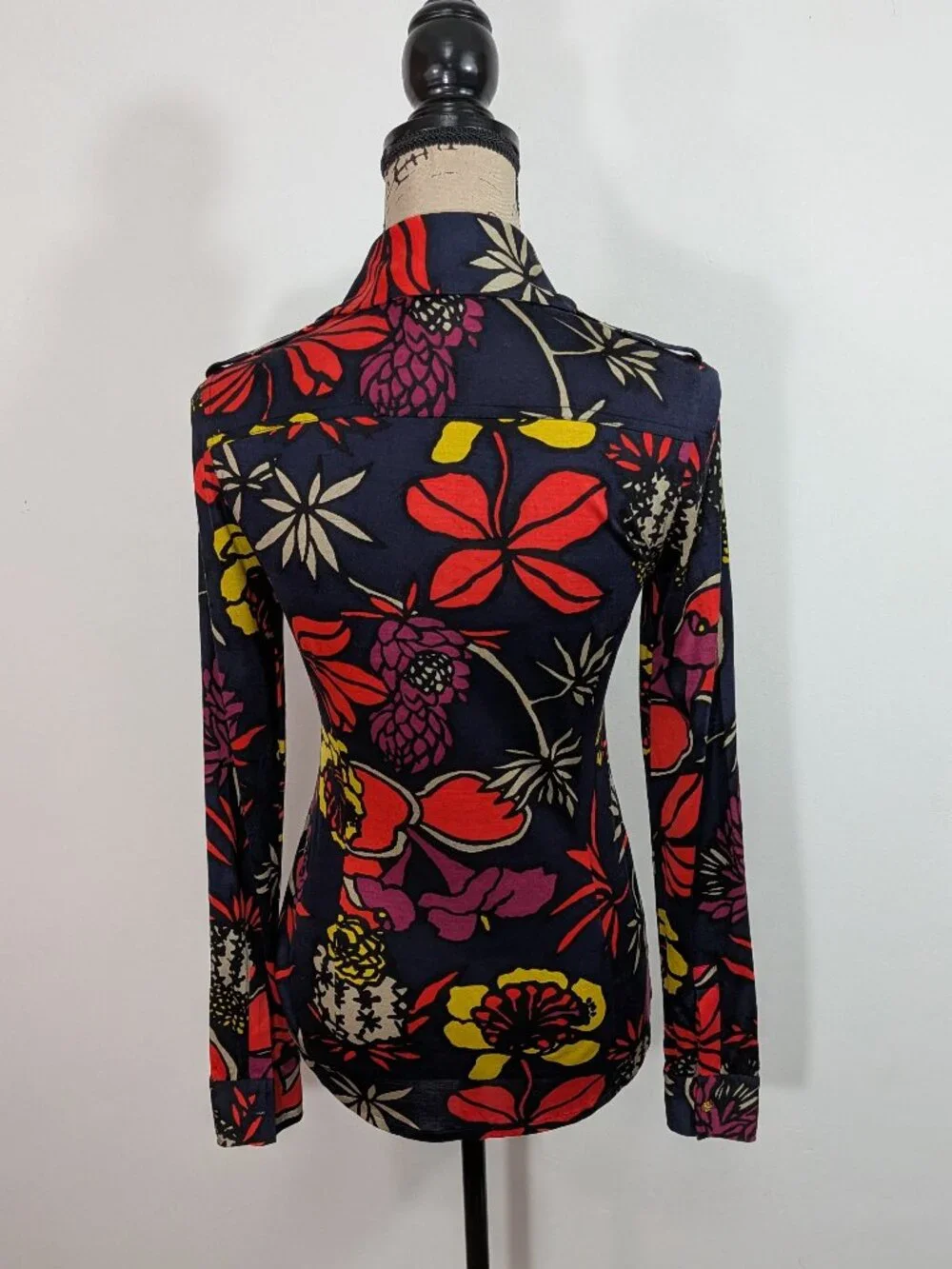 Tory Burch Floral Shirt Top Button Collared Silk Stretch Long Sleeve Womens XS